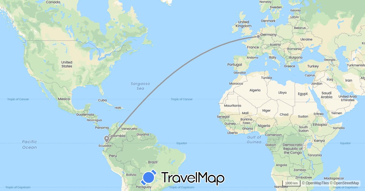 TravelMap itinerary: driving, plane in Belgium, Ecuador (Europe, South America)
